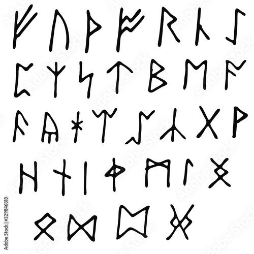 Set of Old Norse Scandinavian runes. Runic alphabet, futhark. Ancient occult symbols, vikings letters on white, rune font. Vector illustration with light texture. Ancient norse letter.