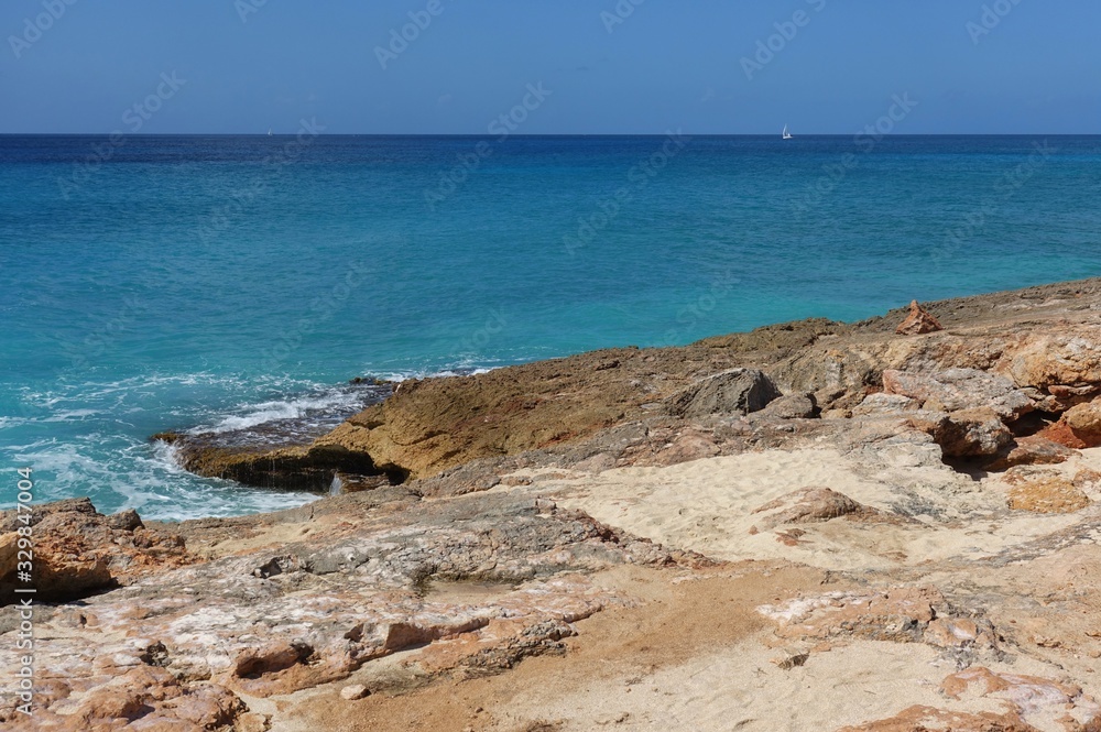 View of a beach on the blue Caribbean Sea in Saint Martin (Sint Maarten), Dutch Antilles