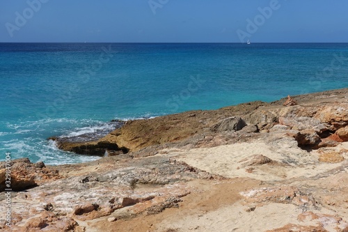 View of a beach on the blue Caribbean Sea in Saint Martin (Sint Maarten), Dutch Antilles