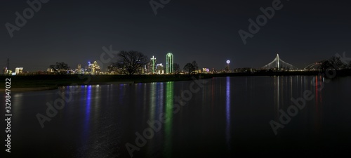 Panoramic picture of the Dallas Skyline from Trammel Crow Park at nighttime