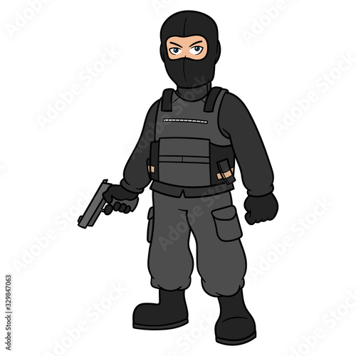 Cartoon Mercenary or Soldier Character Holding Pistol