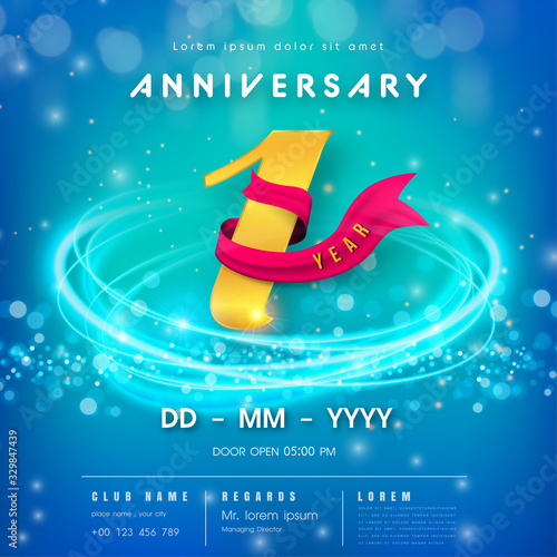 1 years anniversary logo template on blue Abstract futuristic space background. 1st modern technology design celebrating numbers with Hi-tech network digital technology concept design elements.