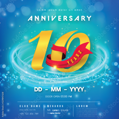 10 years anniversary logo template on blue Abstract futuristic space background. 10th modern technology design celebrating numbers with Hi-tech network digital technology concept design elements.