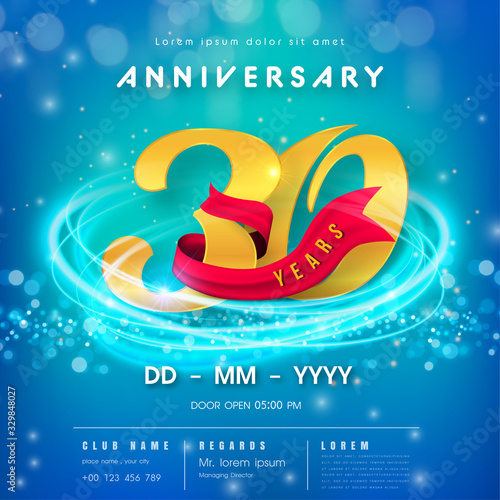 30 years anniversary logo template on blue Abstract futuristic space background. 30th modern technology design celebrating numbers with Hi-tech network digital technology concept design elements.