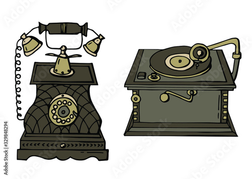Retro telephone and gramophone of 1920. Art Deco. Cartoon style illustration. Stock illustration. white background, isolation.