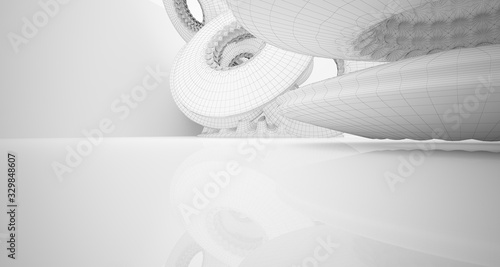 Abstract drawing architectural background. White interior with discs. 3D illustration and rendering.