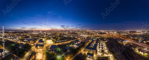 Panoramic aerial view on the city of Fort Worth during sunset with final afterglow and clear skies