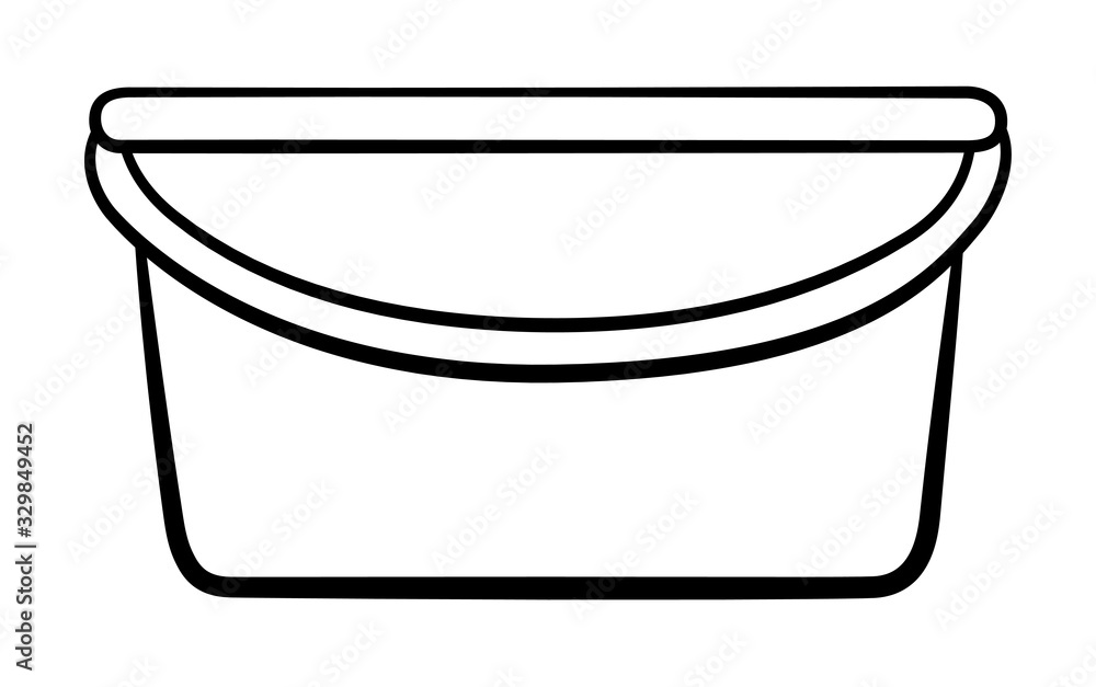 Wide plastic bucket for cleaning in black lines on white backgound Wide plastic bucket for cleaning in black lines on white backgound