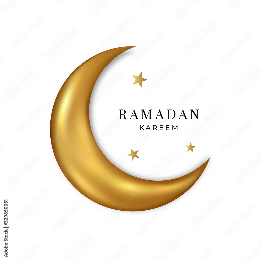 Ramadan Kareem. Vector gold 3d moon and stars isolated on white background. Ramadan Kareem. Vector gold 3d moon and stars isolated on white background.