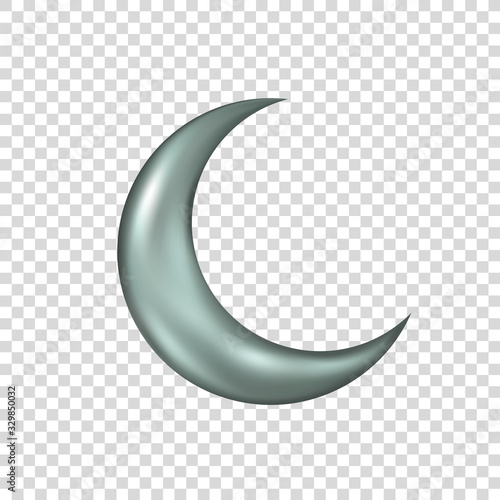 Silver 3d moon on transparent background. Vector silver crescent.