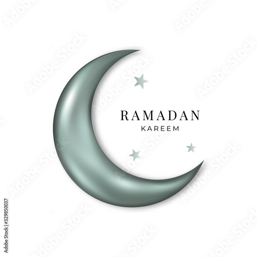 Ramadan Kareem. Vector silver 3d moon and stars isolated on white background.