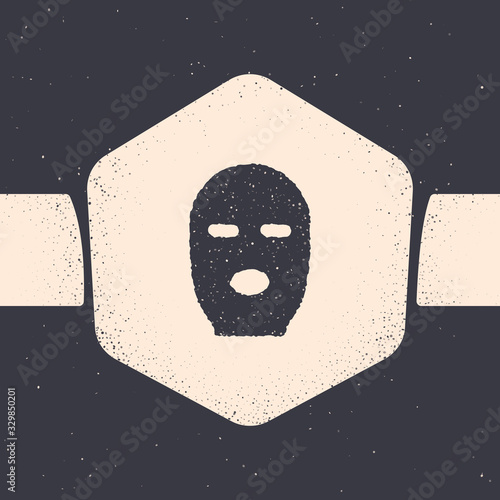 Grunge Thief mask icon isolated on grey background. Bandit mask, criminal man. Monochrome vintage drawing. Vector Illustration