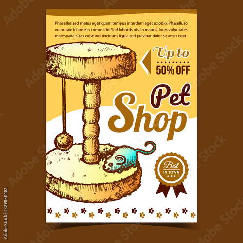 Pet Shop Cat Accessory Advertising Poster Vector. Domestic Scratcher Cat Claw Sharpener With Mouse Toy On Creative Banner. Playing Equipment Layout Designed In Vintage Style Colorful Illustration