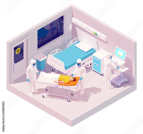 Vector isometric man hospitalization with coronavirus disease or Covid-19. Doctor in protective masks hospitalize the patient with suspected infectious coronavirus or Covid-19. Hospital isolation ward