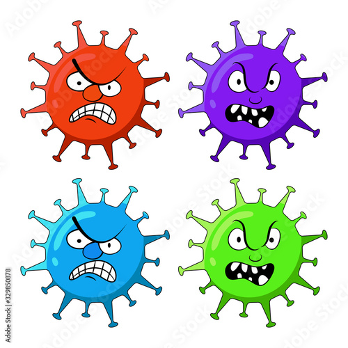 Coronavirus Mystery Virus from China or Wuhan icon set nCoV. Vector illustration of a coronavirus on a white background. Angry Face Mascot Character Cartoon
