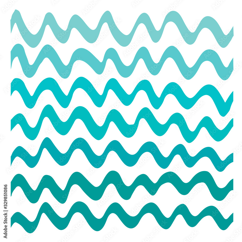 Vector geometric backdrop with blue curves. Concept for summer time, imitation of ocean waves. Abstract pattern of zigzag stripes, hand drawn with imperfections. Lines isolated on white background.