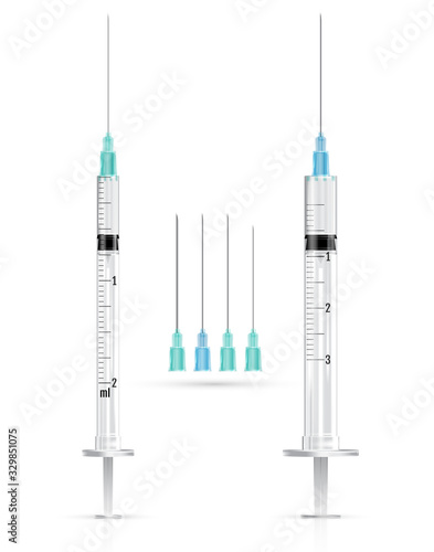 Realistic medical syringes and needles. Vector