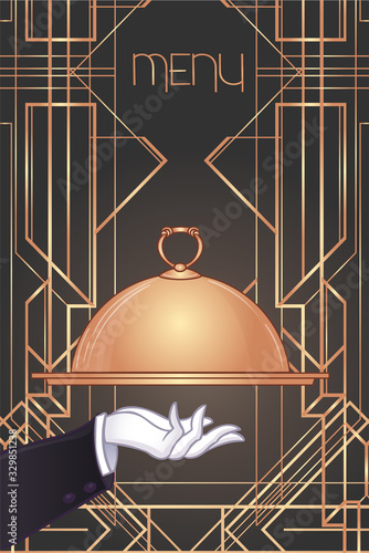Hand-drawn waiter's hand holding tray for hot dishes. Illustration for design menu restaurant or cafe. Vector art. - Vector