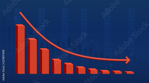 Abstract financial chart with downtrend line graph in circuit breakers stock market on red color background