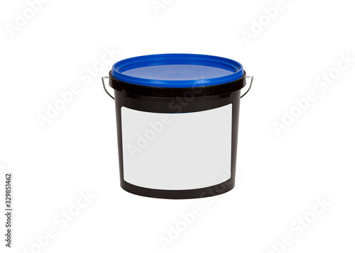 Black plastic closed bucket isolated on white background.