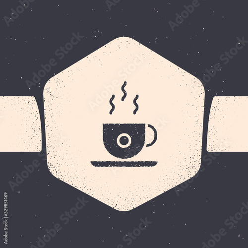 Grunge Coffee cup icon isolated on grey background. Tea cup. Hot drink coffee. Monochrome vintage drawing. Vector Illustration