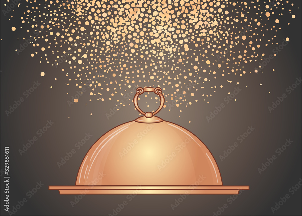 Obraz premium Hand-drawn golden tray for hot dishes. Illustration for design menu restaurant or cafe. Vector art.
