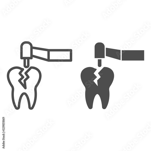 Dental drill device and craked tooth line and solid icon. Caries treatment tool symbol, outline style pictogram on white background. Dentistry sign for mobile concept and web design. Vector graphics.