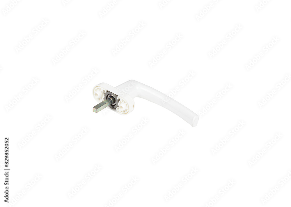 White plastic door window handle isolated on white baclground White plastic door window handle isolated on white baclground