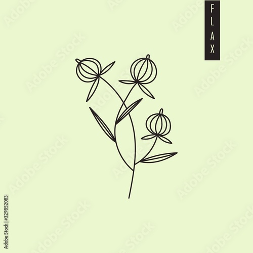 Vector illustration of cultivated dry flax plant with seeds in outline style isolated on green background. Flax seed drawing for emblem, logo, icon, print for medicine, textile and culinary sphere.