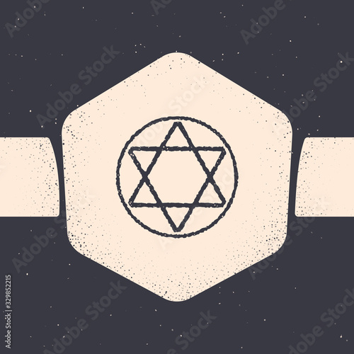 Grunge Star of David icon isolated on grey background. Jewish religion symbol. Symbol of Israel. Monochrome vintage drawing. Vector Illustration