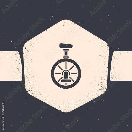 Grunge Unicycle or one wheel bicycle icon isolated on grey background. Monowheel bicycle. Monochrome vintage drawing. Vector Illustration