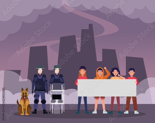 activists people protesting with riot police and dog