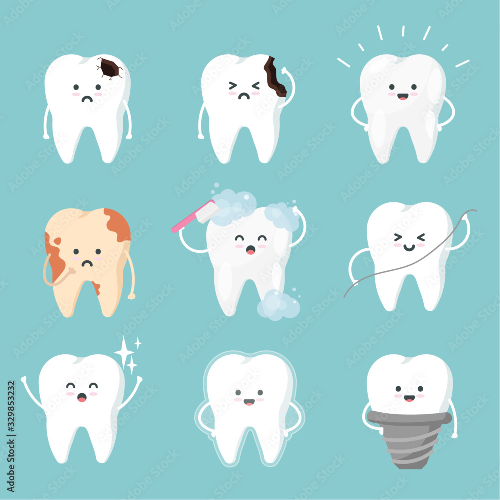 Set cute tooth characters in flat style. dental collection - brushing, plaque, caries hole, cleaning, stains and healthy teeth. Set cute tooth characters in flat style. dental collection - brushing, plaque, caries hole, cleaning, stains and healthy teeth.