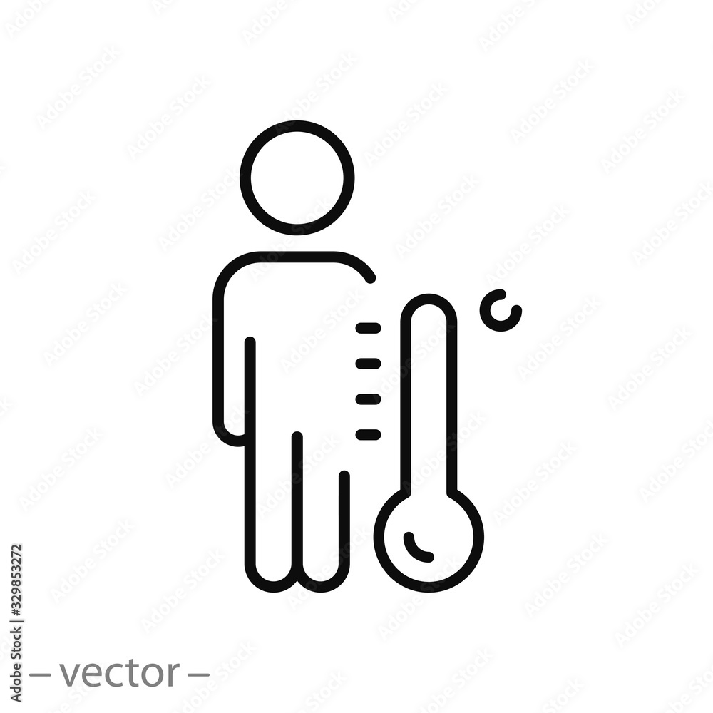 man with thermometer icon, body temperature measurement, thin line web symbol on white background - editable stroke vector illustration eps10 - obrazy, fototapety, plakaty 
