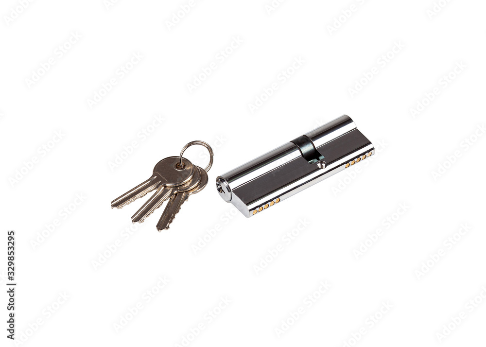 Lock cylinder with thumb turn and keys isolated on white background Lock cylinder with thumb turn and keys isolated on white background
