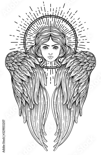 Sirin, Alkonost, Gamayun mythological creature of Russian legends. Angel girl with wings. Isolated hand drawn vector illustration. Trendy Vintage style element. Spirituality, occultism, alchemy, magic