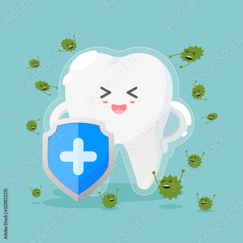 Cute tooth characters in flat style. healthy teeth and shield, anti-caries and protection bacteria.