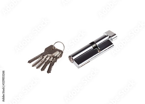 Lock cylinder with thumb turn and keys isolated on white background photo