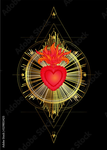 Sacred Heart of Jesus with rays. Vector illustration in red and gold isolated...