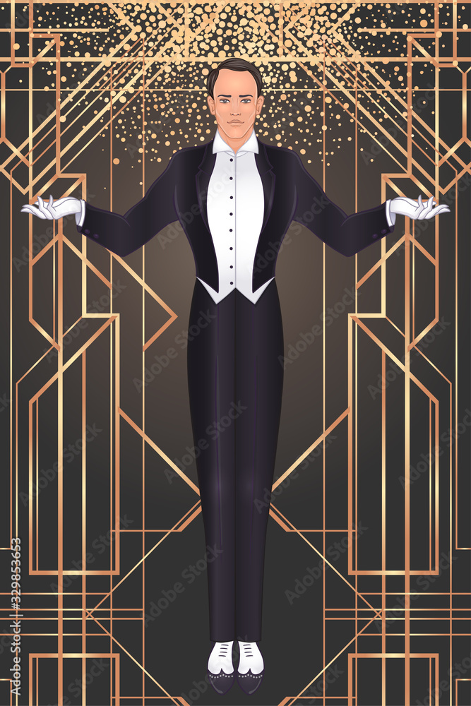 Art Deco Vintage Invitation Template Design With Illustration Of Man Art Deco Vintage Invitation Template Design With Illustration Of Man