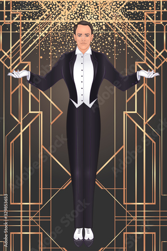 Art Deco vintage invitation template design with illustration of man. Great Gatsby inspired. patterns and frames. Retro party background (1920's style). Vector for glamour event, wedding or jazz party