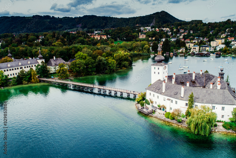 Aerial view of Gmunden Schloss with Traunsee lake in Austria