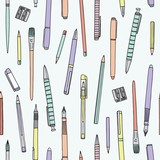 Hand drawn collection of pens, pencils and paintbrushes, seamless pattern