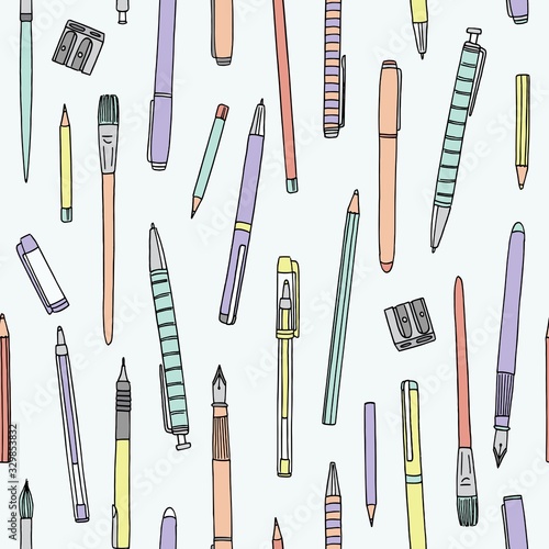 Hand drawn collection of pens, pencils and paintbrushes, seamless pattern