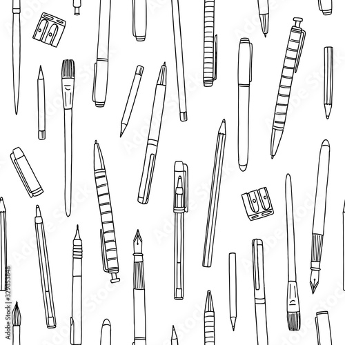 Hand drawn collection of pens, pencils and paintbrushes, seamless pattern