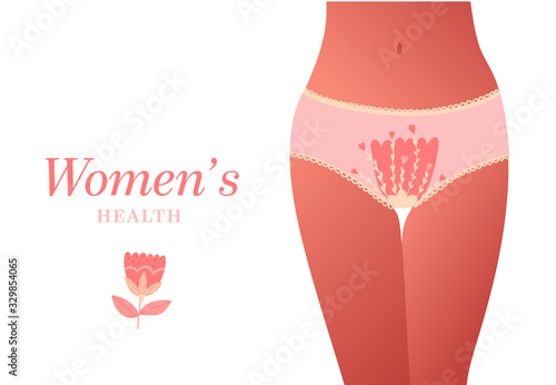 Beautiful female body and women's hygiene or reproductive system concept. Flower. Menopause, Urinary incontinence, care for women's sexual health. Maternity and pregnancy sign. Vector illustration.