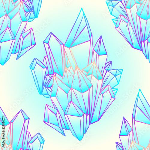 Hand drawn crystal gem seamless pattern. Geometric shiny gemstone symbol. Trendy hipster background, fabric design, fashion textiles. Colorful gradient. Isolated vector illustration. Pastel goth style
