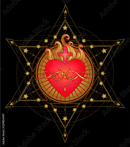 Sacred Heart of Jesus with rays. Vector illustration in red and gold isolated...