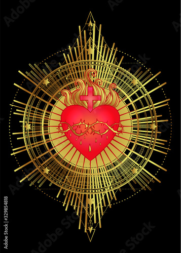 Sacred Heart of Jesus with rays. Vector illustration in red and gold isolated. Trendy Vintage style element. Spirituality, religion, Catholicism, Christianity, occultism, alchemy, magic, love.