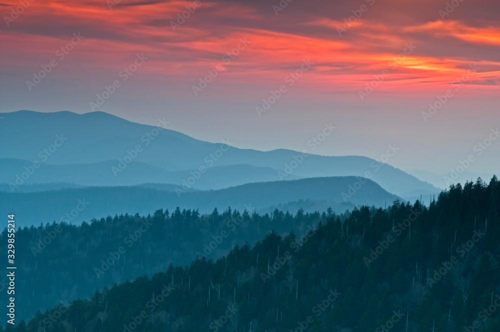 Sunset over the Smoky Mountains viewed from Clingman's Dome in Great Smoky Mountains National Park.